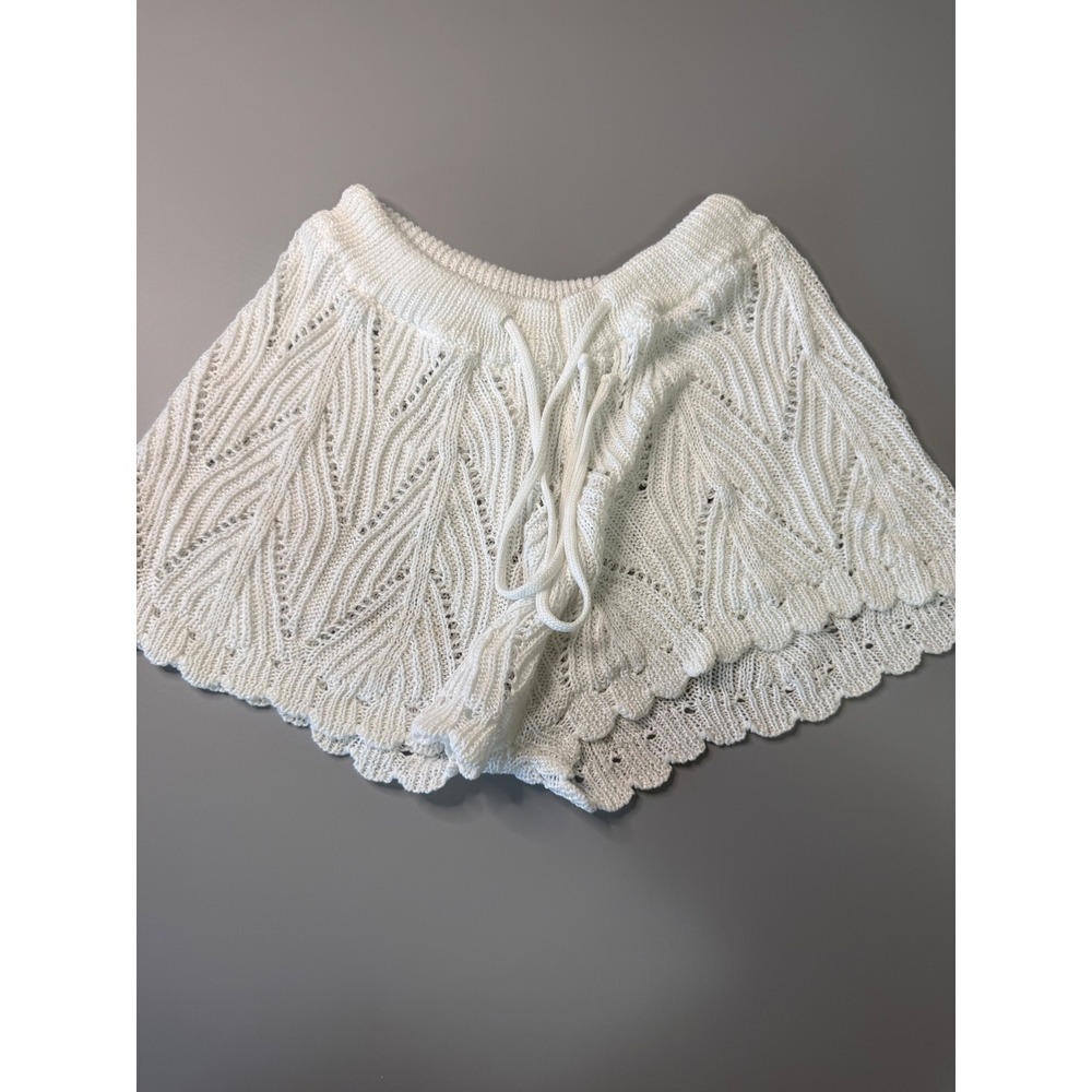 Womens White Crochet Knit Shorts Scalloped Hem Beach Cover Up Boho Medium